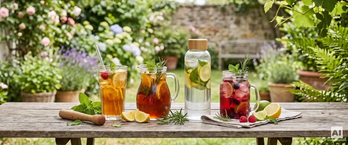 Diverse băuturi răcoritoare servite în pahare, ulcioare, borcane și o sticlă cu fructe și plante aromatice.