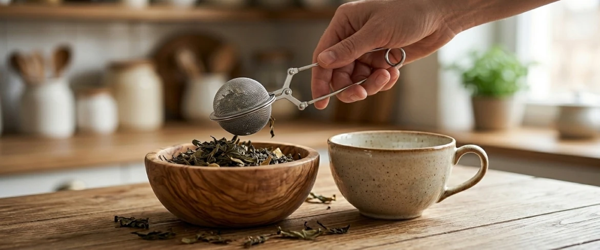 Un infuzor de ceai din oțel în formă de clește, folosit pentru a scoate frunzele de ceai dintr-un bol de lemn