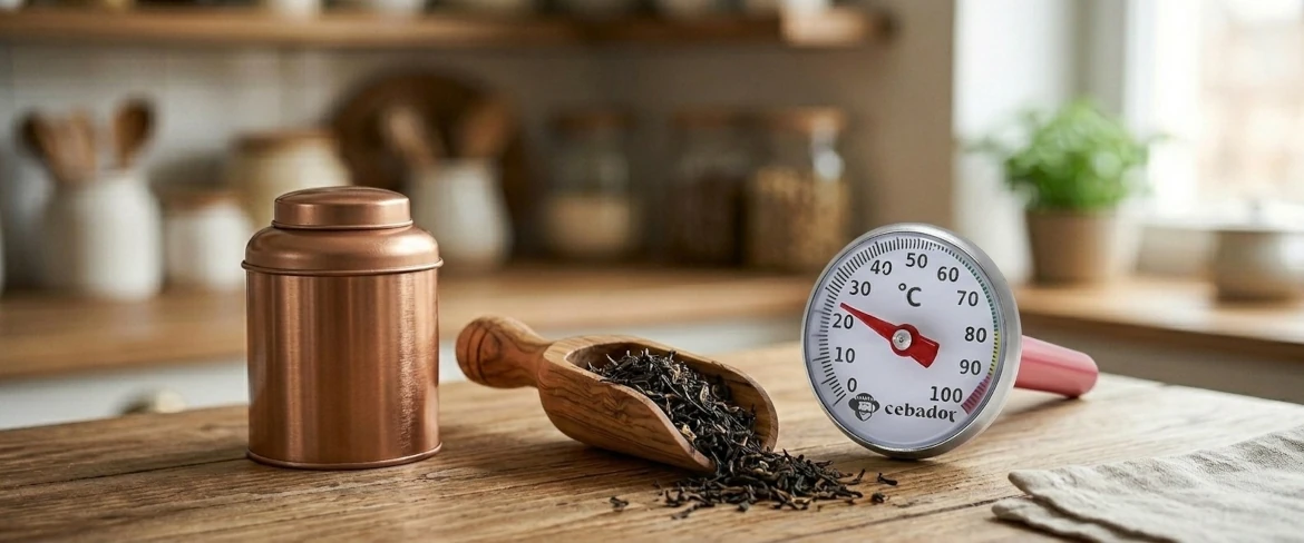 Accesorii esențiale pentru ceai: o cutie metalică pentru ceai, o lingură de lemn pentru măsurat ceaiul, plină cu frunze de ceai vrac, și un termometru pentru ceai