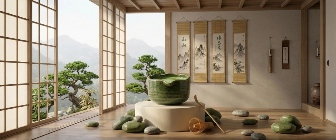Bol și tel pentru matcha într-un decor tradițional inspirat de chanoyu