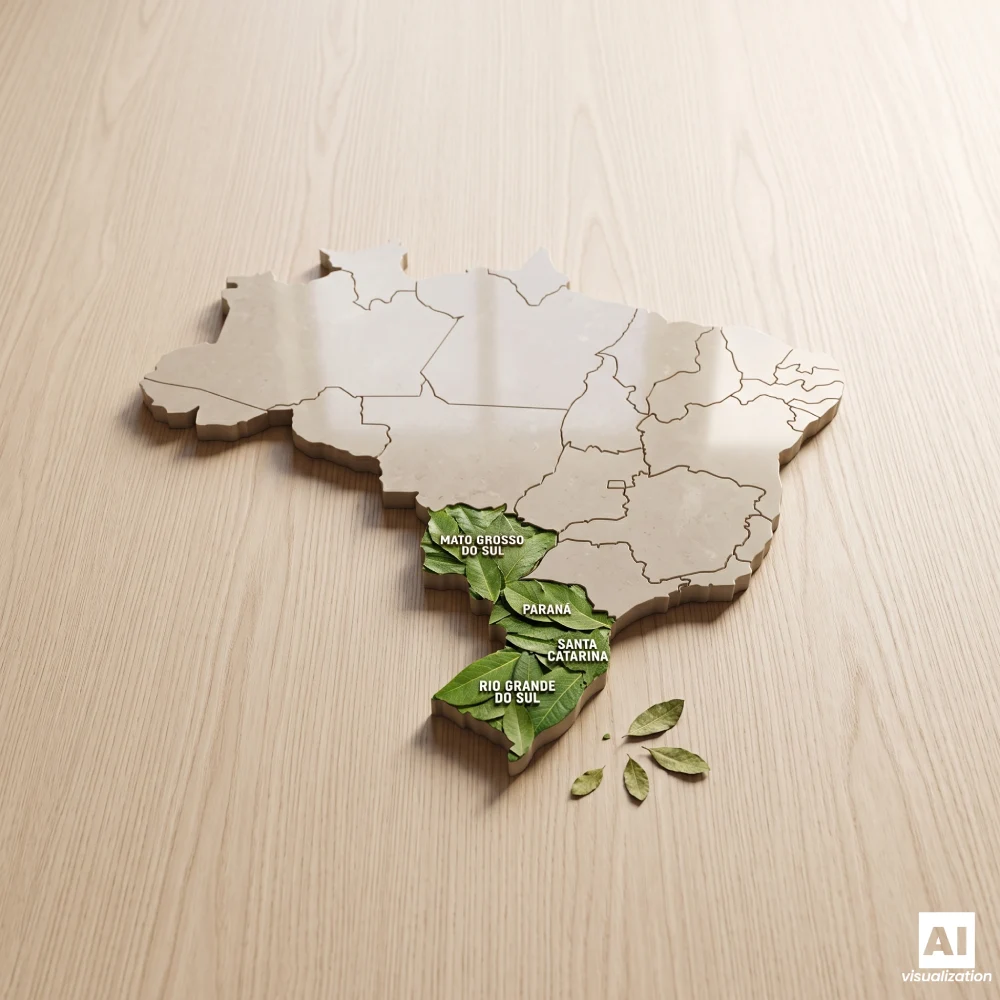 Harta Braziliei cu regiunile de cultivare a yerba mate marcate și frunze verzi.