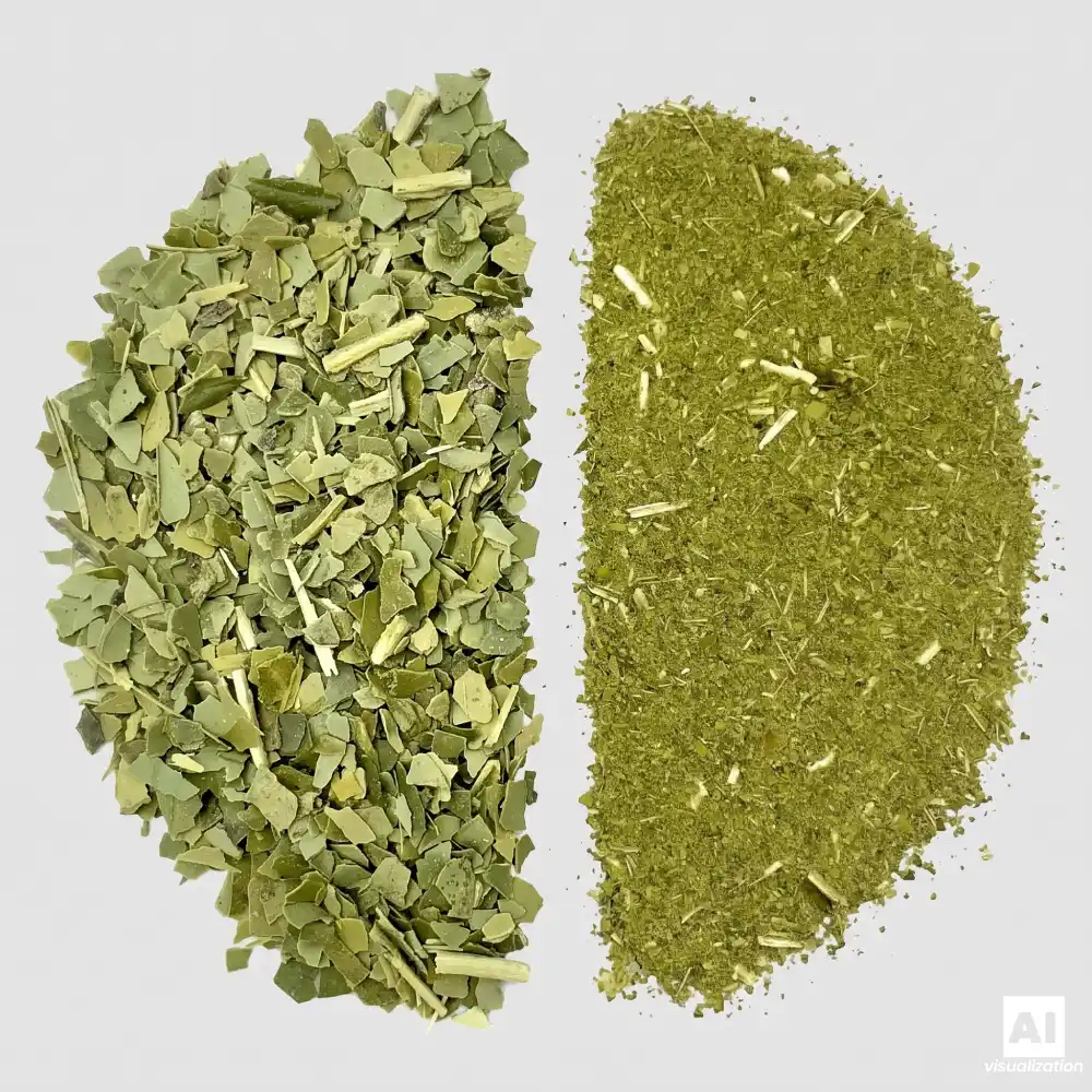 Comparație între yerba mate „despalada” verde și chimarrão măcinat fin.
