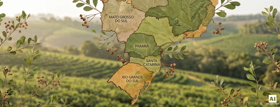 Harta regiunilor de cultivare a yerba mate din Brazilia, pe un fundal cu plantații și frunze de yerba mate.