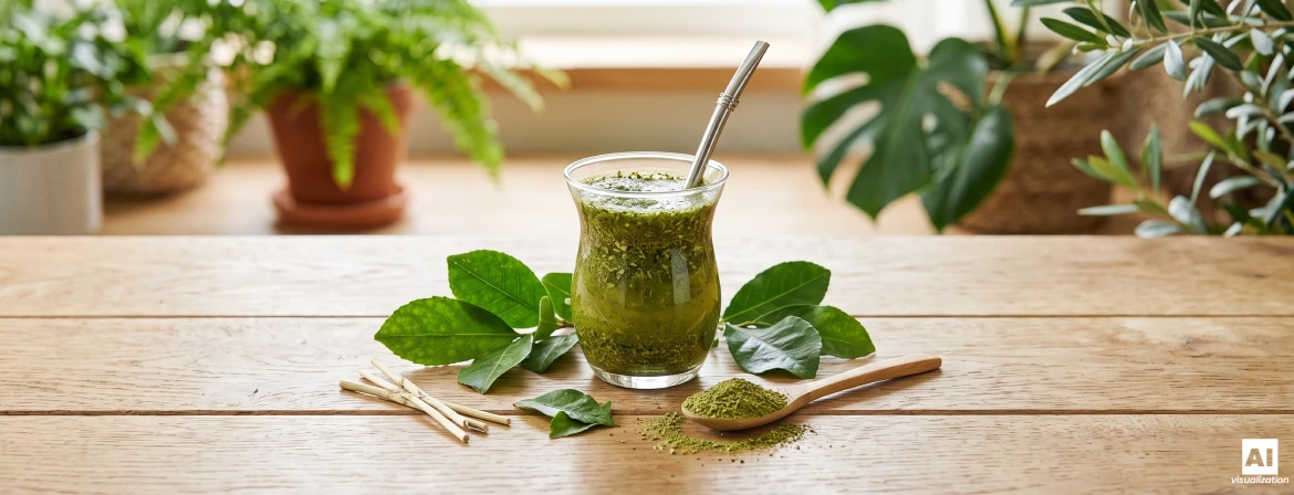 Recipient de sticlă cu yerba mate verde braziliană, frunze de yerba mate și o frunză verde uscată așezată pe o lingură.