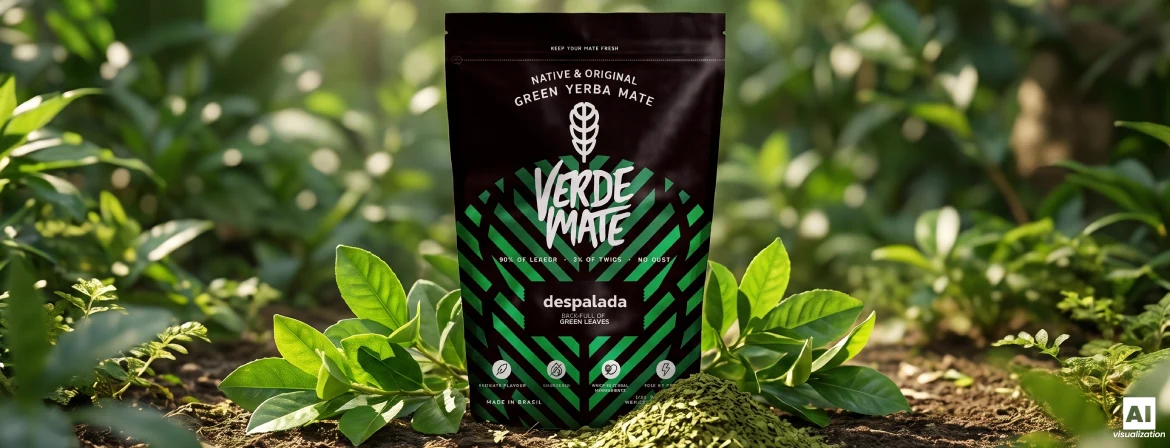 Pachet tip „doypack” cu „Verde Mate Green Despalada”, printre frunze proaspete și yerba mate verde uscată.
