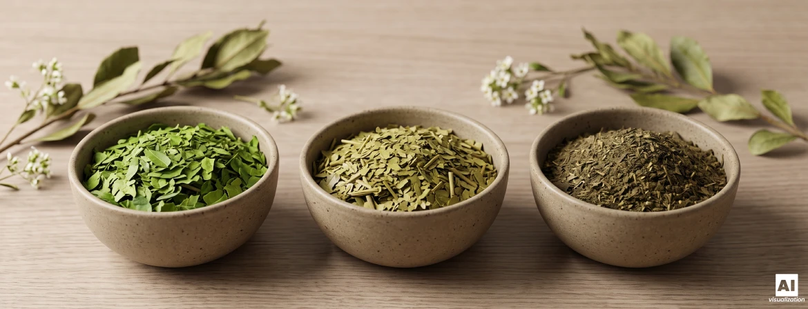 Trei boluri cu frunze uscate de yerba mate, de culori, finețe și intensitate diferite.