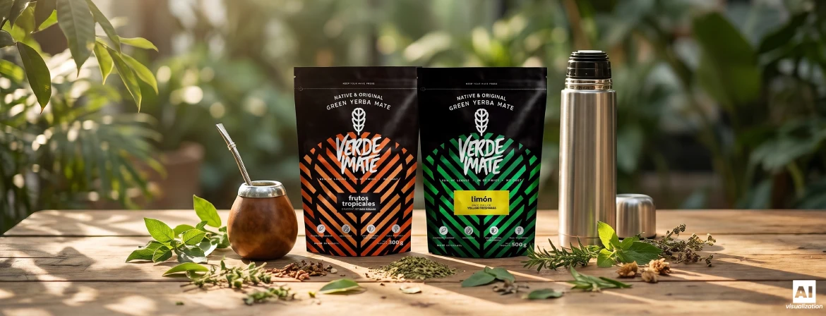 Set pentru prepararea băuturii braziliene „yerba mate”, conținând un vas de mate, o bombilla, un termos și pachete tip doypack cu „Verde Mate”.