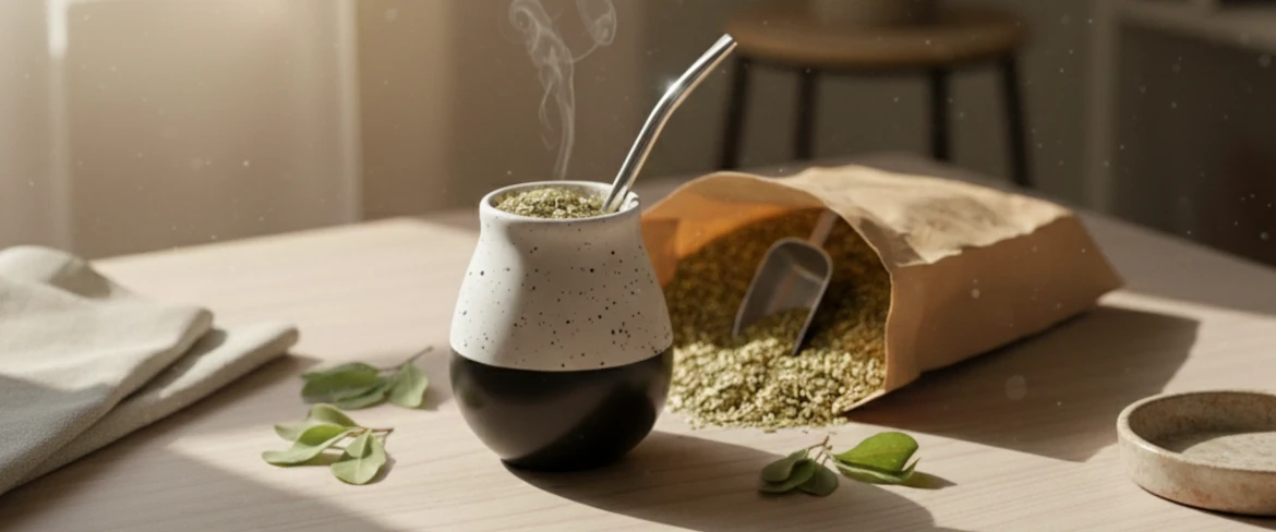 Cana de ceramică pentru mate cu yerba mate și bombilla – recipient ceramic pentru yerba mate în lumină naturală