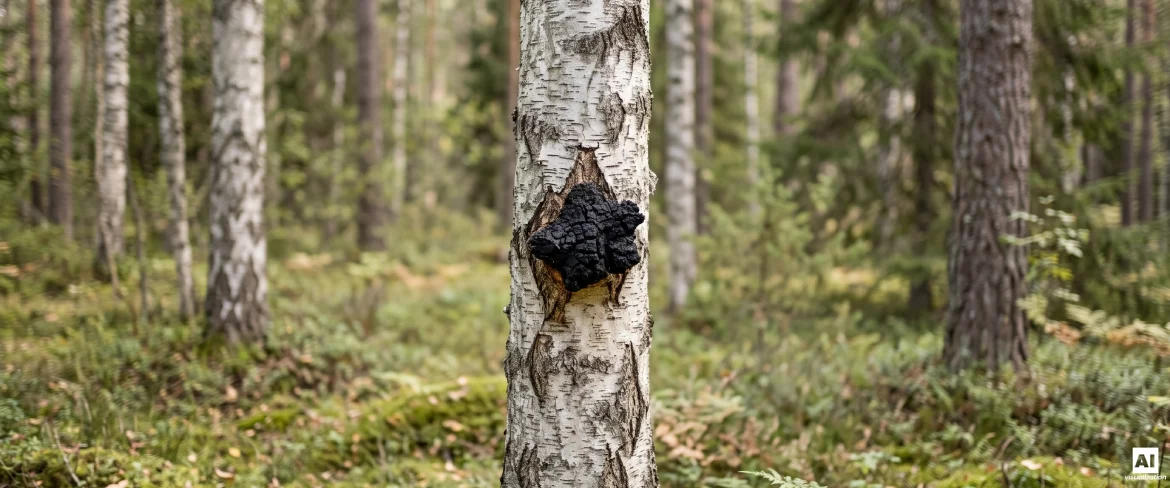 Ciuperca chaga neagră crescând pe trunchiul unui mesteacăn într-o pădure din nord.