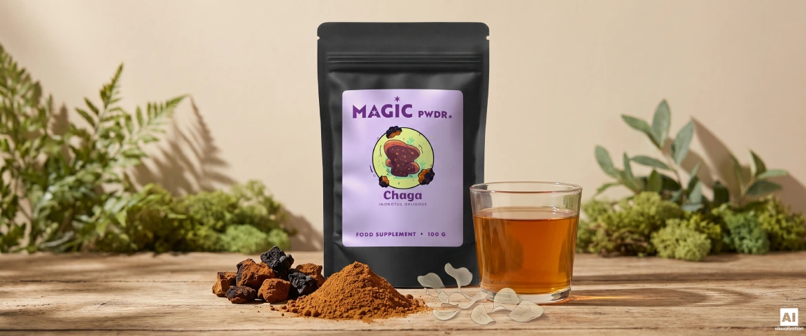 Extract de Chaga sub formă de pudră, bucăți de ciuperci uscate și o infuzie, alături de un pachet tip doypack „Magic Pwdr”.