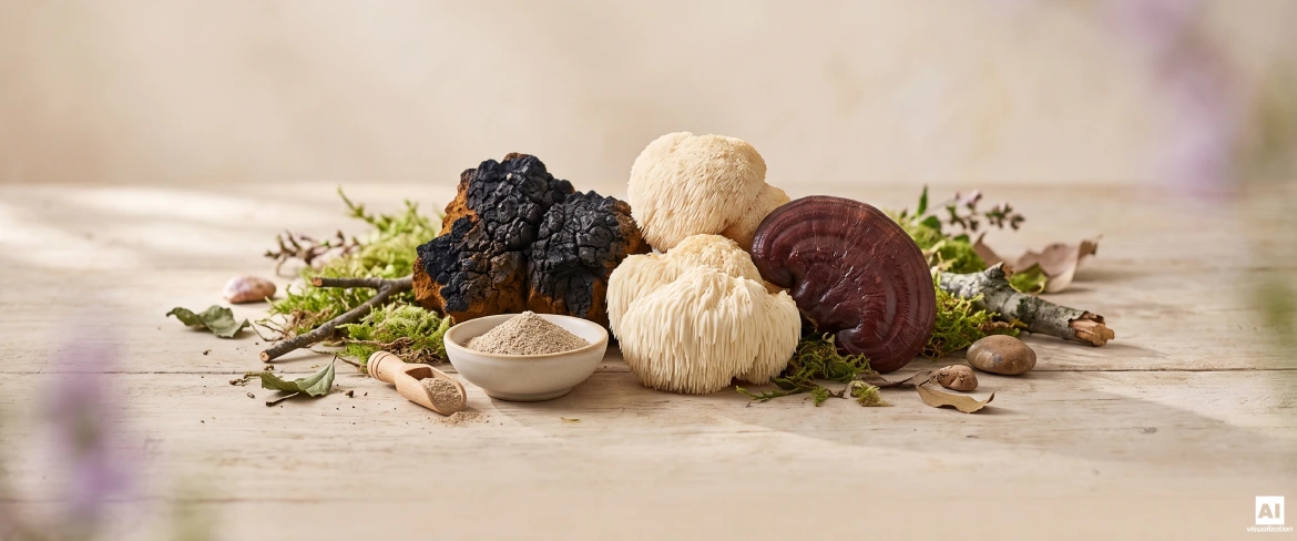 Chaga, „coama leului” și reishi, ca exemple de ciuperci funcționale.