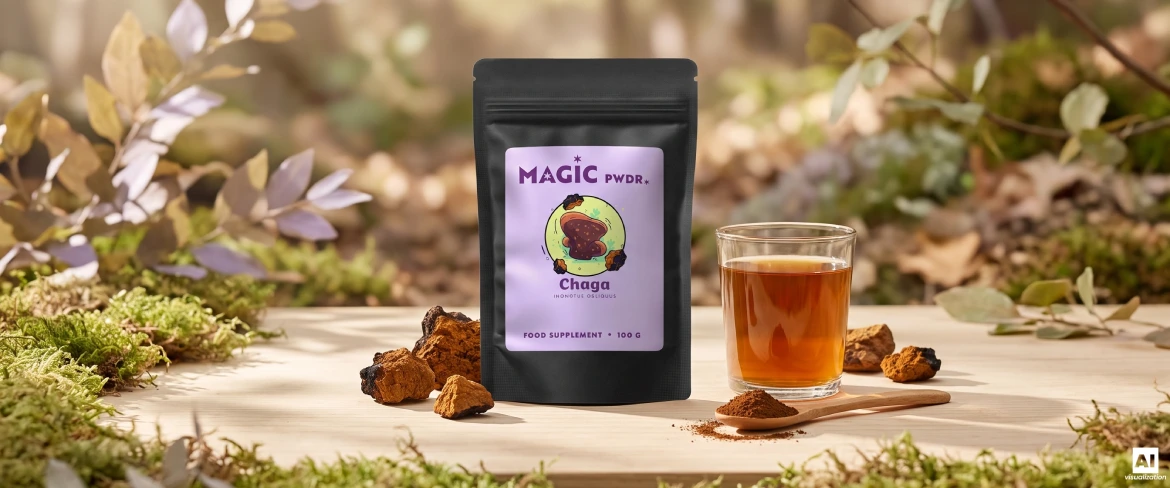 Pachet tip doypack „Magic Pwdr Chaga”, pulbere de extract, bucăți de ciuperci uscate și o infuzie.