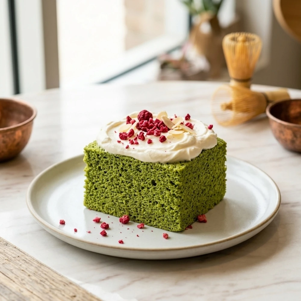 Prăjitură pufoasă cu matcha și cremă de mascarpone, decorată cu frișcă și zmeură liofilizată