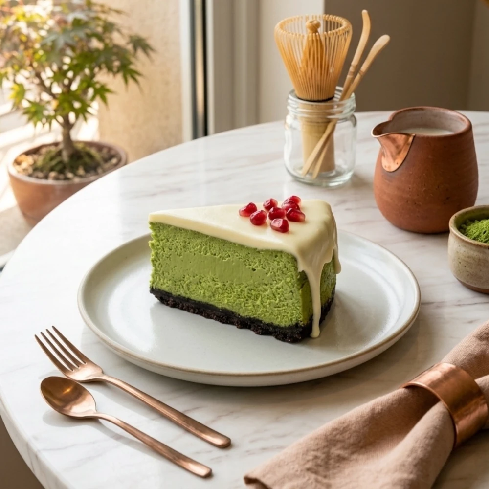 Cheesecake cremos cu matcha, ciocolată albă și semințe de rodie, servit pe o farfurie ușoară