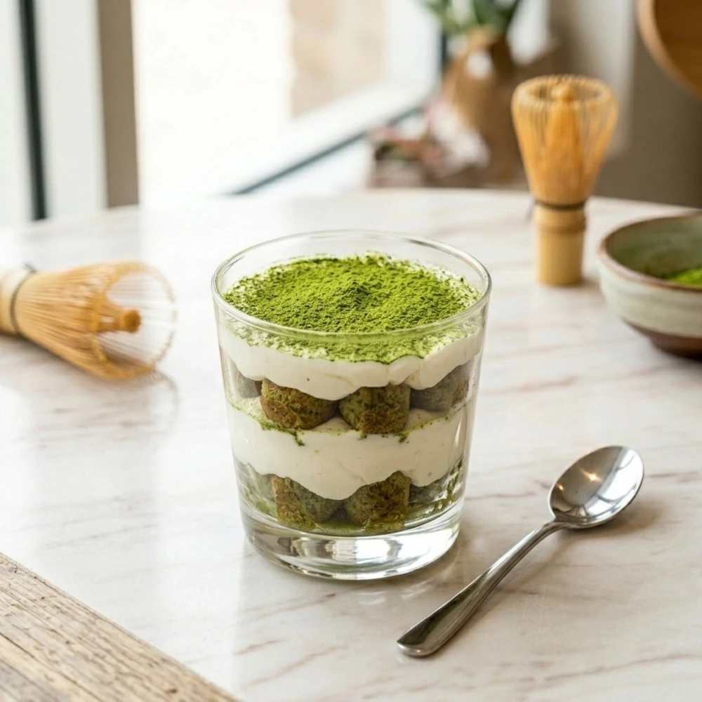 Un desert tiramisu cu straturi de matcha, servit într-un pahar