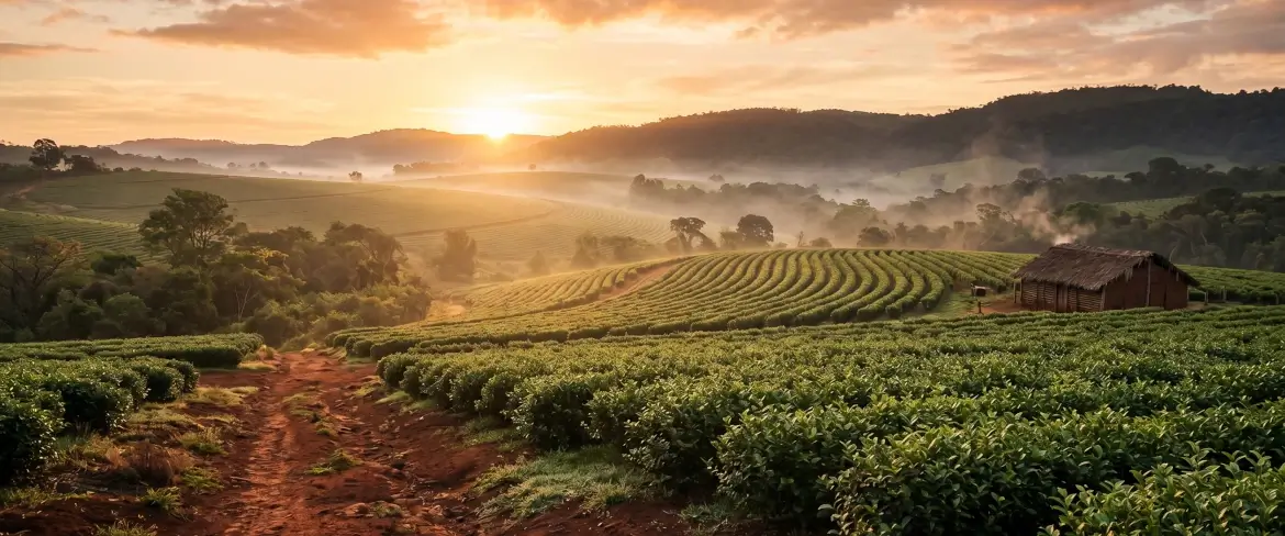 O plantație de ilice învăluită în ceață la răsăritul soarelui, sursa tradițională a băuturii paraguayene „yerba mate”.