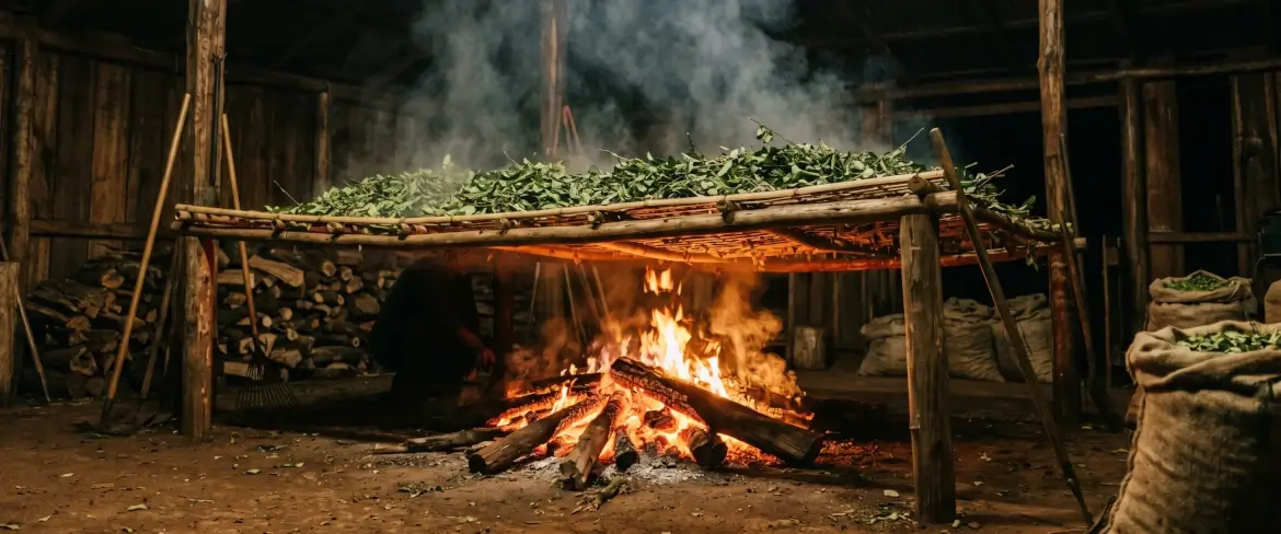 Metoda tradițională de uscare a frunzelor deasupra unui foc de barbacuá, care conferă yerba mate-ului paraguayan aroma sa afumată.
