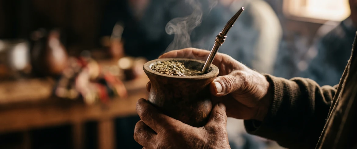 Mâini care țin un vas de mate cu o infuzie fierbinte – aroma, căldura și energia celei mai tari yerba mate.