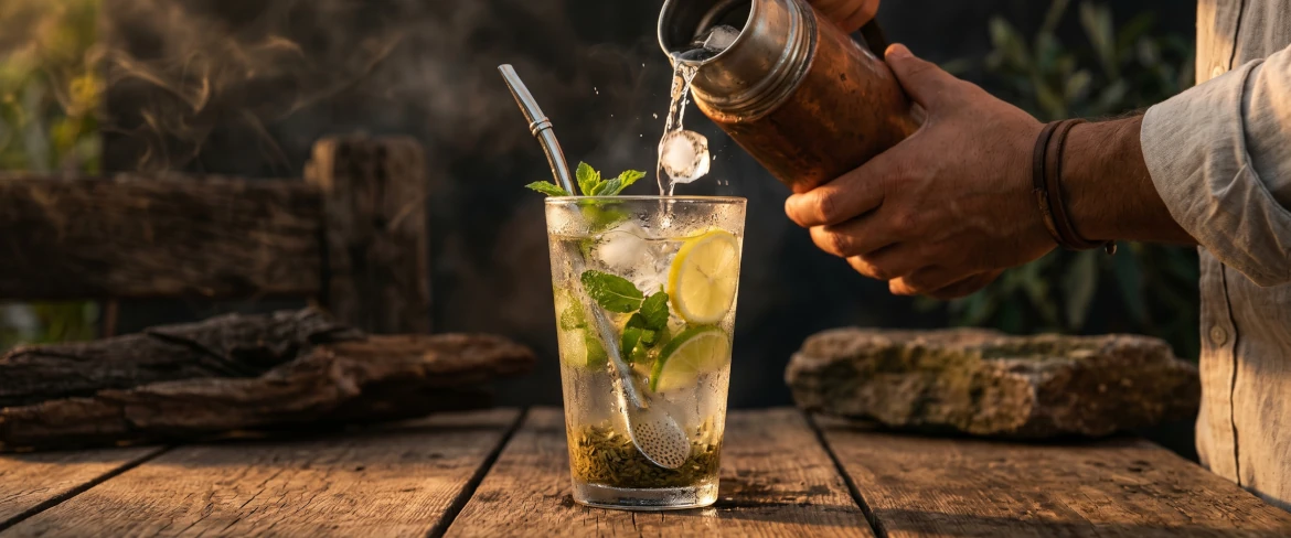 Un tereré răcoritor cu gheață și mentă, preparat din yerba mate paraguayană tradițională.