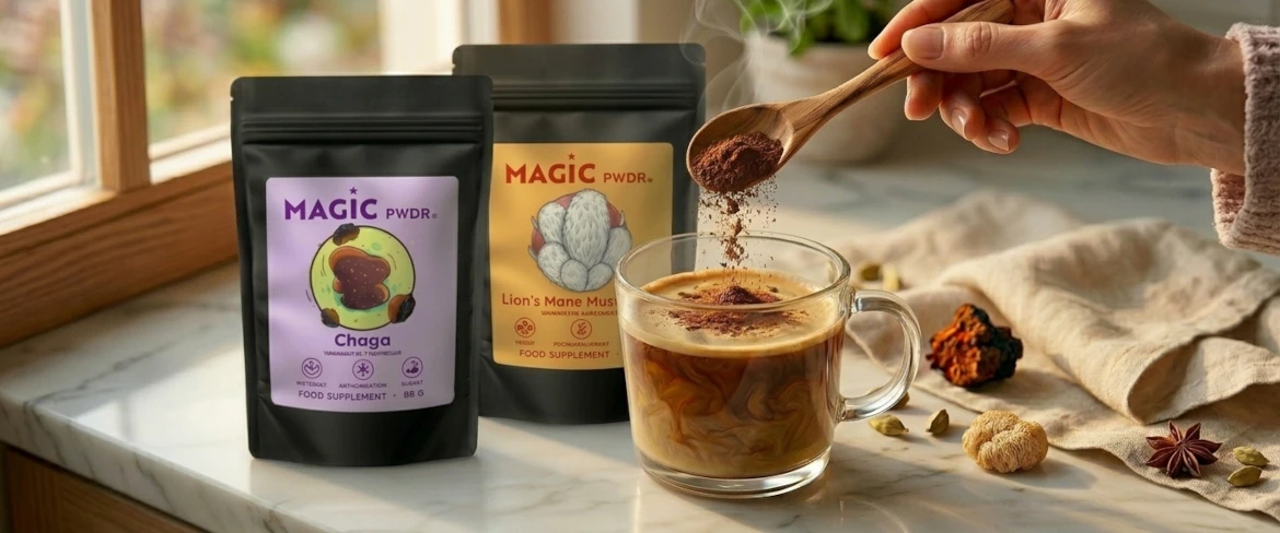 Consumul zilnic de ciuperci adaptogene sub formă de pudră – adăugarea de extract de ciupercă „coamă de leu” sub formă de pudră în cafea
