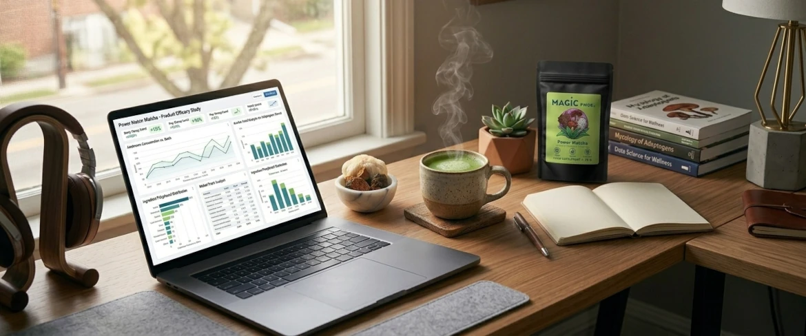 Un spațiu de lucru modern, dotat cu un laptop și o băutură care favorizează concentrarea, preparată din extract de ciuperci funcționale