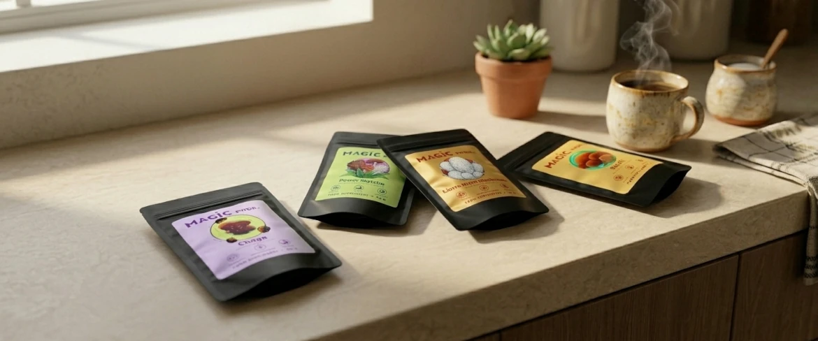 Suplimente pe bază de ciuperci așezate pe blatul din bucătărie, prezentând întreaga gamă Magic Pwdr, inclusiv reishi, chaga și lion's mane