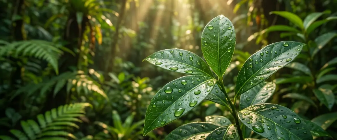 Frunze proaspete de Ilex guayusa din pădurea tropicală amazoniană, folosite pentru prepararea ceaiului de guayusa.