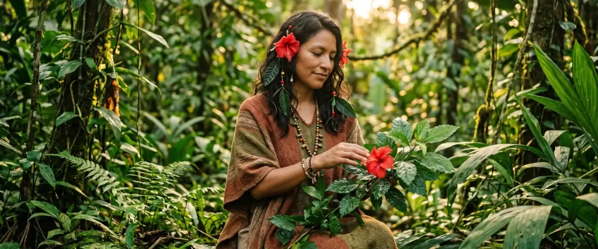 O femeie care o întruchipează pe o zeiță andină, înconjurată de natura amazoniană și de flori de hibiscus – un simbol al filosofiei durabile a mărcii Pachamama Guayusa.