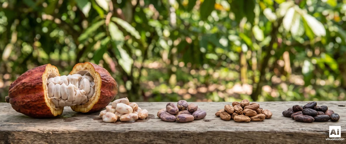 Fructul de cacao și boabele de cacao, pe fundalul unei plantații tropicale.