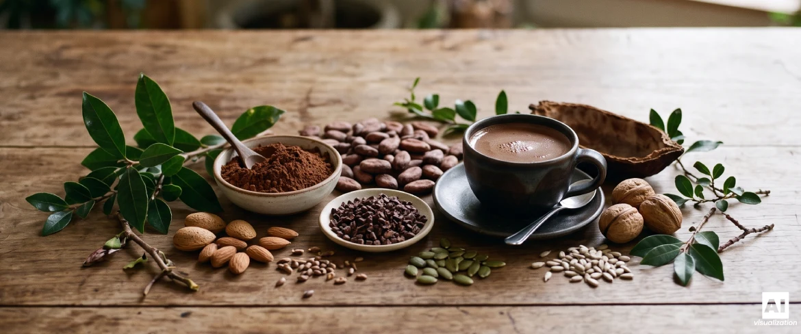 O cană de ciocolată caldă cu pudră de cacao, boabe de cacao și ingrediente de origine vegetală.