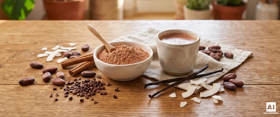 Pudră naturală de cacao cu boabe de cacao și o ceașcă de băutură.