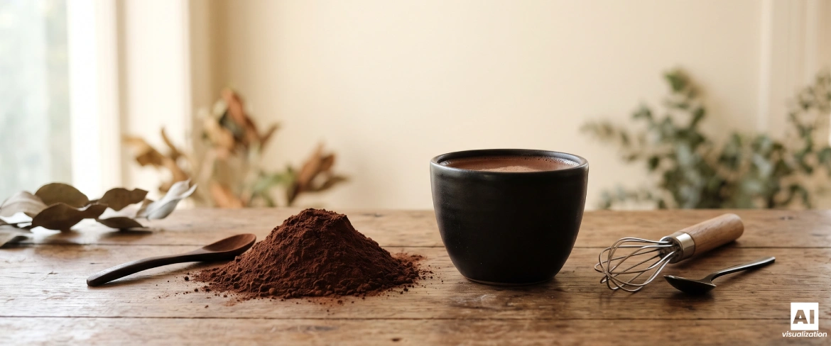 Pudră de cacao alcalinizată și o băutură din cacao neagră, preparată cu un tel.