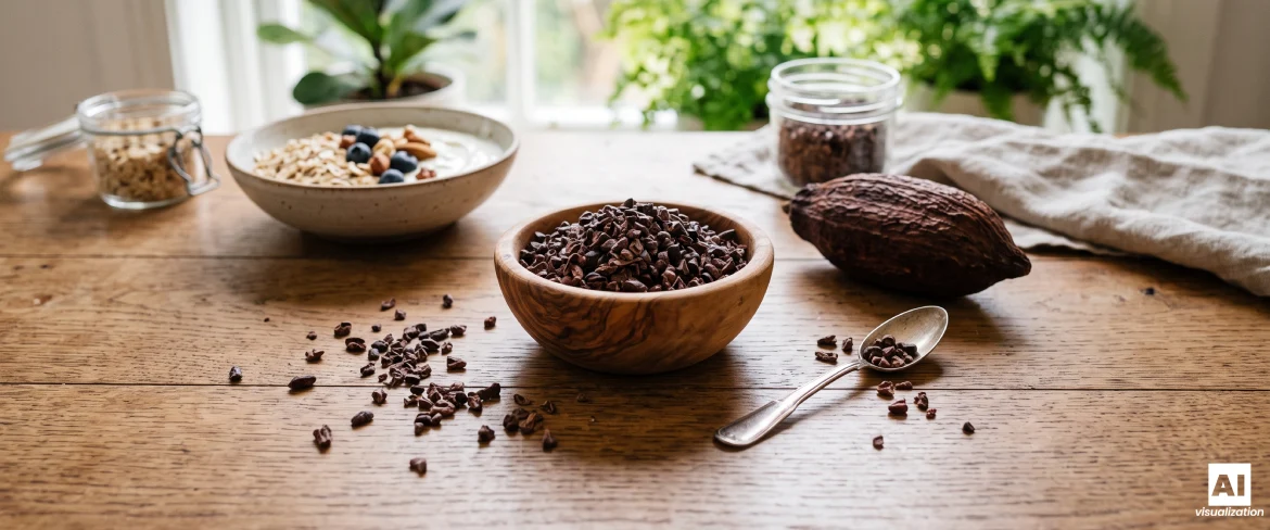 Boabe de cacao zdrobite într-un bol, alături de un fruct de cacao și micul dejun.