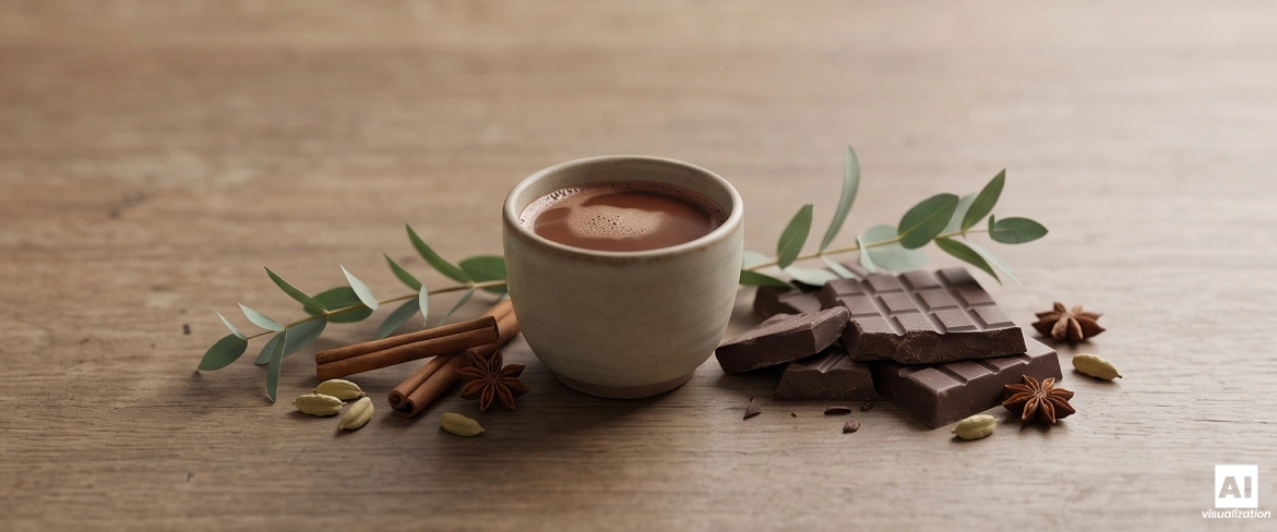 Băutură din ciocolată preparată cu cacao ceremonială, condimente și bucăți de ciocolată.