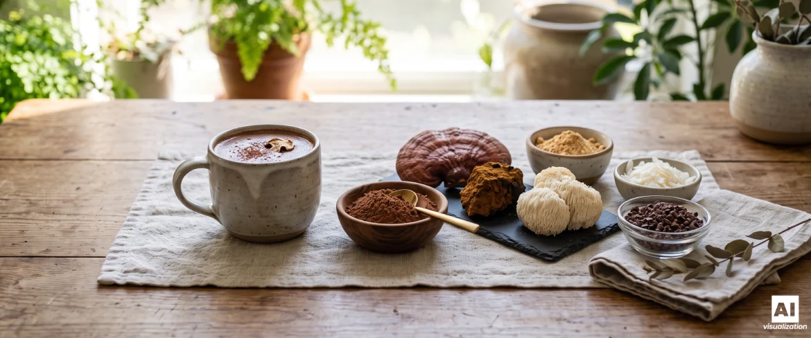 O cană cu cacao, pudră de cacao, ciuperci reishi, chaga și „coama leului” și boabe de cacao pe o masă de lemn.