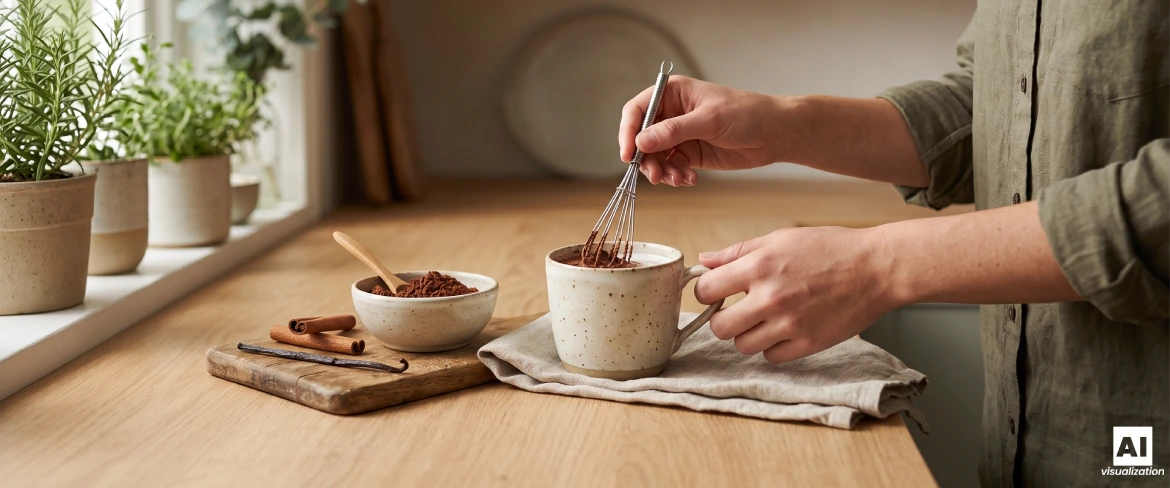 Pregătirea cacao-ului natural într-o cană cu ajutorul unui tel.