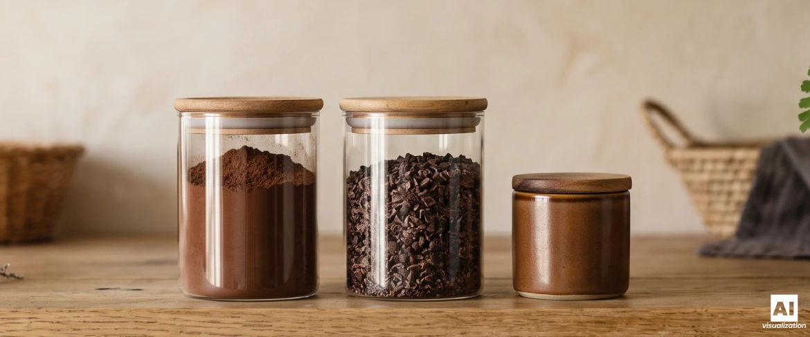 Pudră de cacao, boabe măcinate și pastă de cacao în recipiente etanșe.