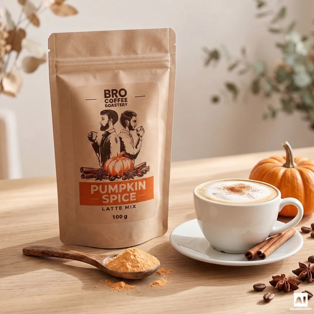 Amestec pentru Pumpkin Spice Latte de la Bro Coffee Roastery, o lingură de lemn cu pudră de dovleac și o ceașcă de latte presărată cu scorțișoară.