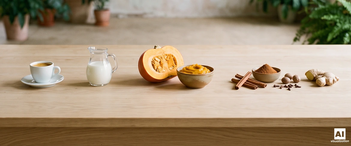 Ingrediente pentru cafeaua cu dovleac pe o masă de lemn: espresso, lapte, dovleac, piure de dovleac, scorțișoară, nucșoară, cuișoare și ghimbir.