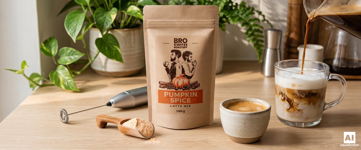 Amestec pentru Pumpkin Spice Latte de la Bro Coffee Roastery, un aparat de spumat lapte și o cafea espresso turnată într-un pahar cu spumă de lapte.