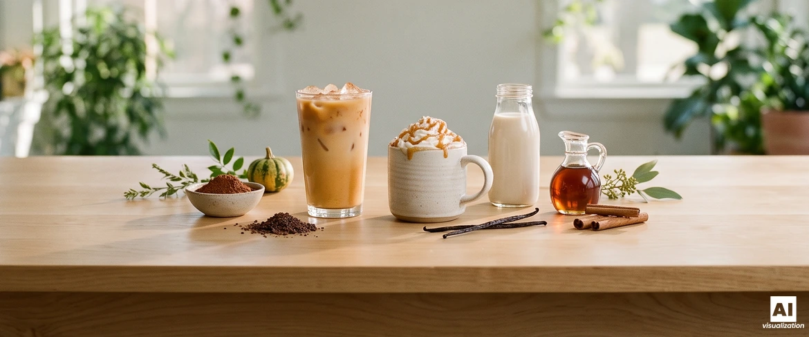 Cafea cu dovleac și gheață și un latte fierbinte cu dovleac și caramel, alături de o băutură pe bază de plante, sirop de arțar, cacao și vanilie.
