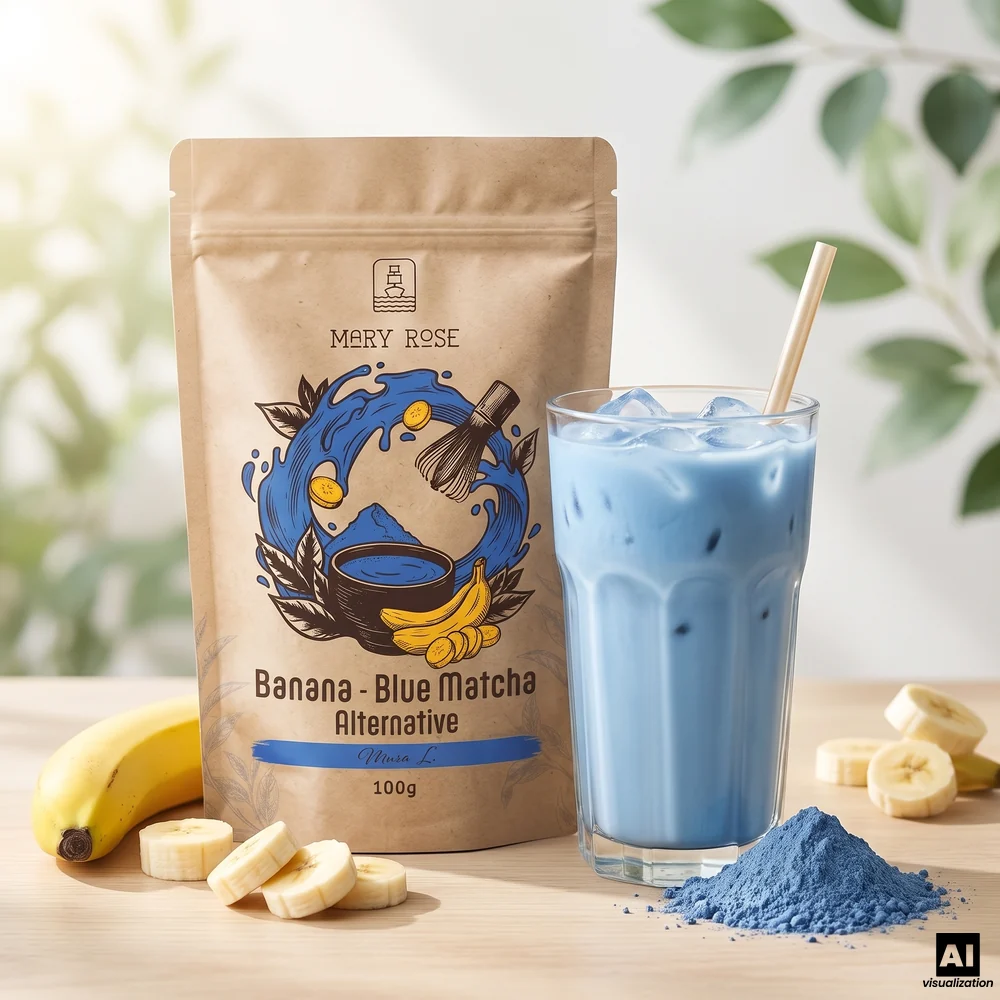 Mary Rose Blue Matcha Alternative – matcha albastră cu banană și spirulină, alături de un latte albastru cu gheață și o banană.
