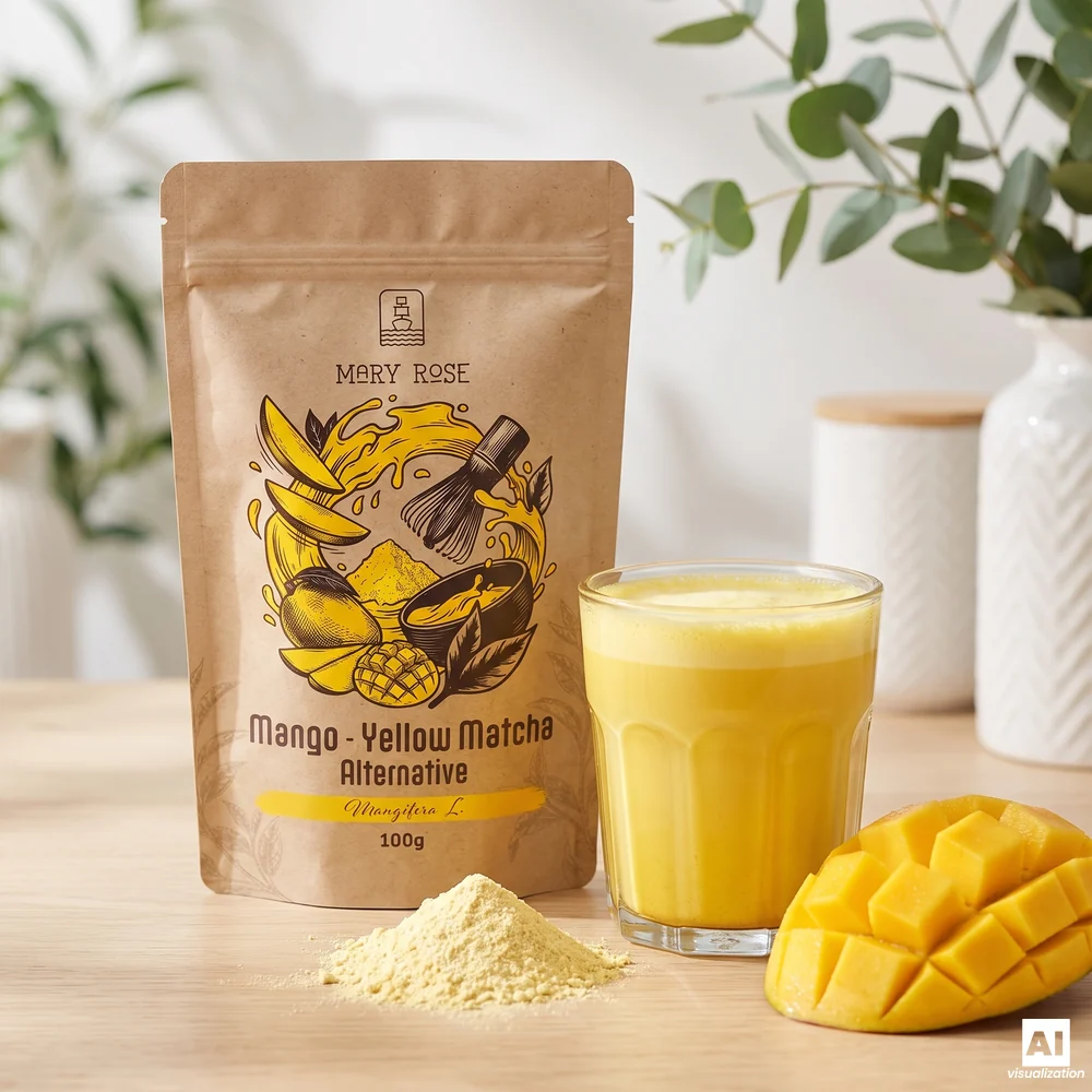 Mary Rose Yellow Matcha Alternative (matcha cu mango): un pachet, o băutură galbenă, pudră și bucăți de mango.
