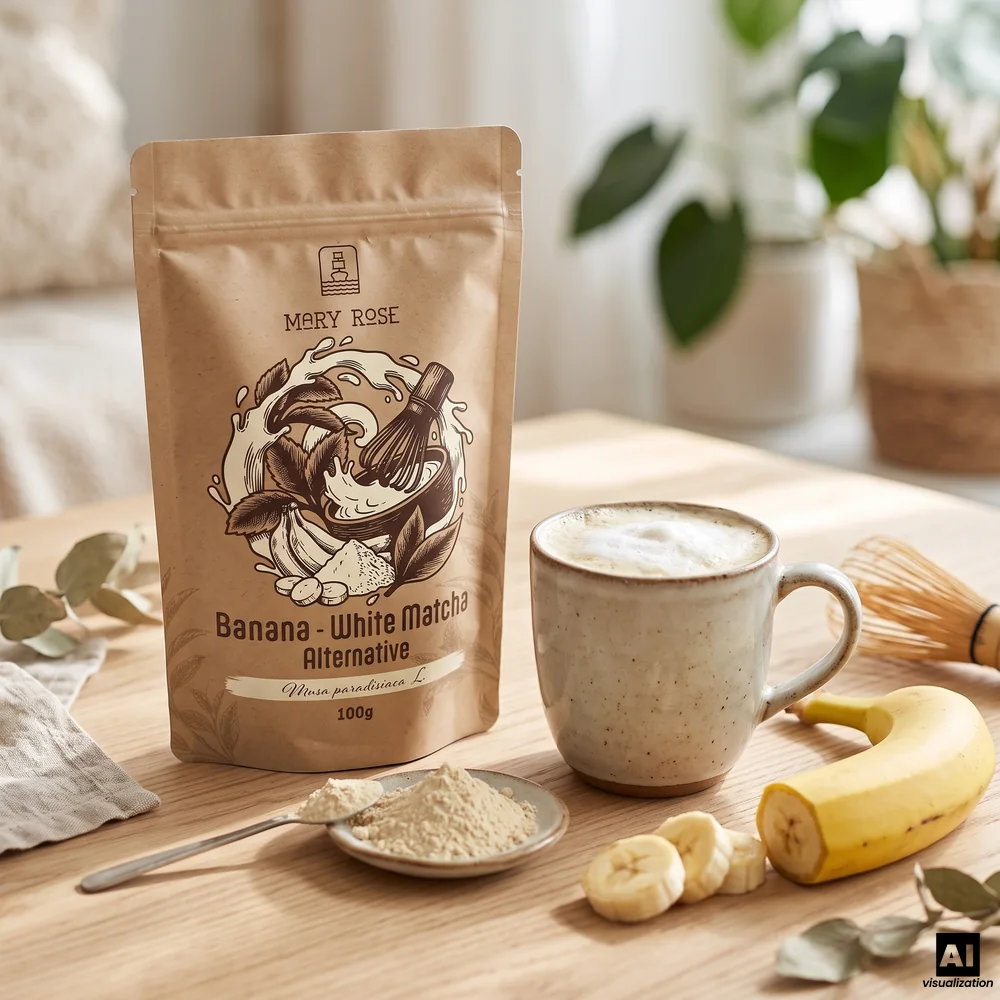 Matcha albă Mary Rose: pudră de banană liofilizată, alături de o cană cu latte cremos de banană, un bătător chasen și o banană.