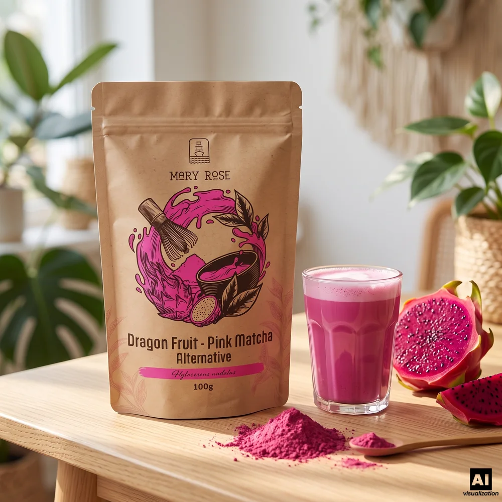 Matcha roz „Mary Rose”, preparat din fructul dragonului liofilizat, alături de un latte roz, pudră și o pitaya roșie tăiată în două.