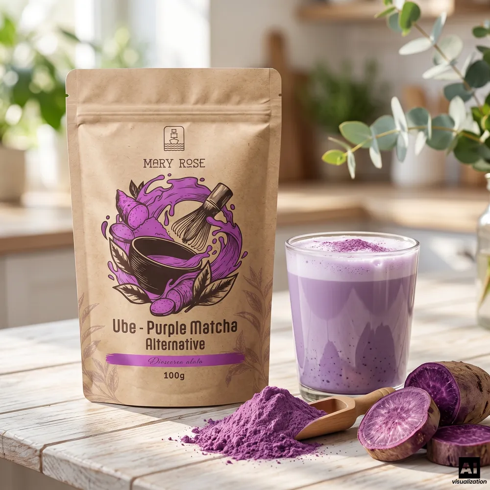 Matcha „Mary Rose” violet: pudră de ube, alături de un latte violet cu ube, pudră pe o lingură de lemn și felii de tubercul violet.