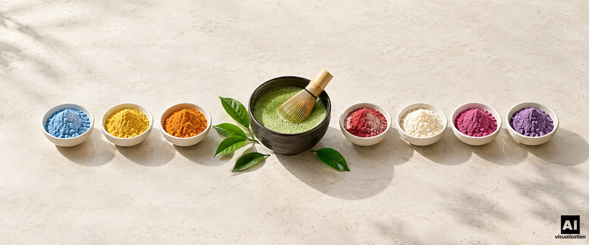 Matcha verde clasic într-un bol, alături de un bătător chasen, iar lângă acesta, matcha colorat, împărțit în șapte boluri mici cu pudră.
