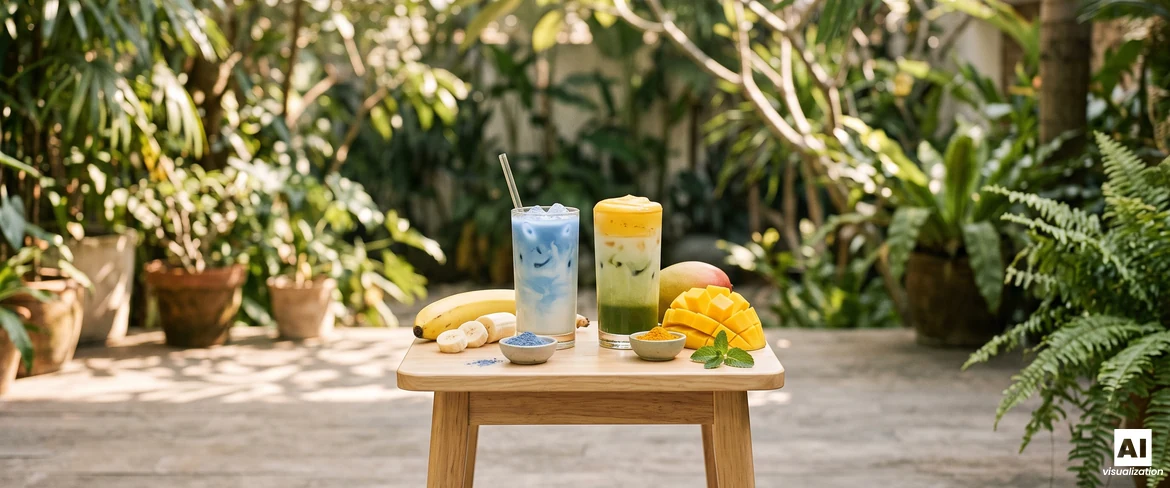 Matcha albastră cu banană și un latte cu matcha și mango, în straturi, cu spumă galbenă, alături de o banană proaspătă și mango tăiat cubulețe.