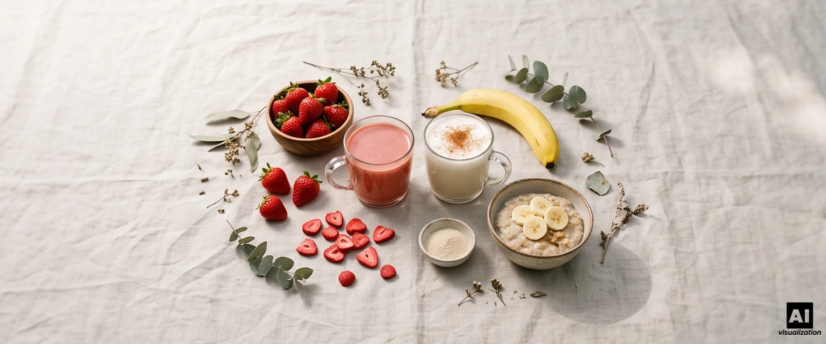 Matcha roșu într-o cană, sub formă de latte cu căpșuni și latte cu banană și scorțișoară, alături de căpșuni, o banană și terci de ovăz.
