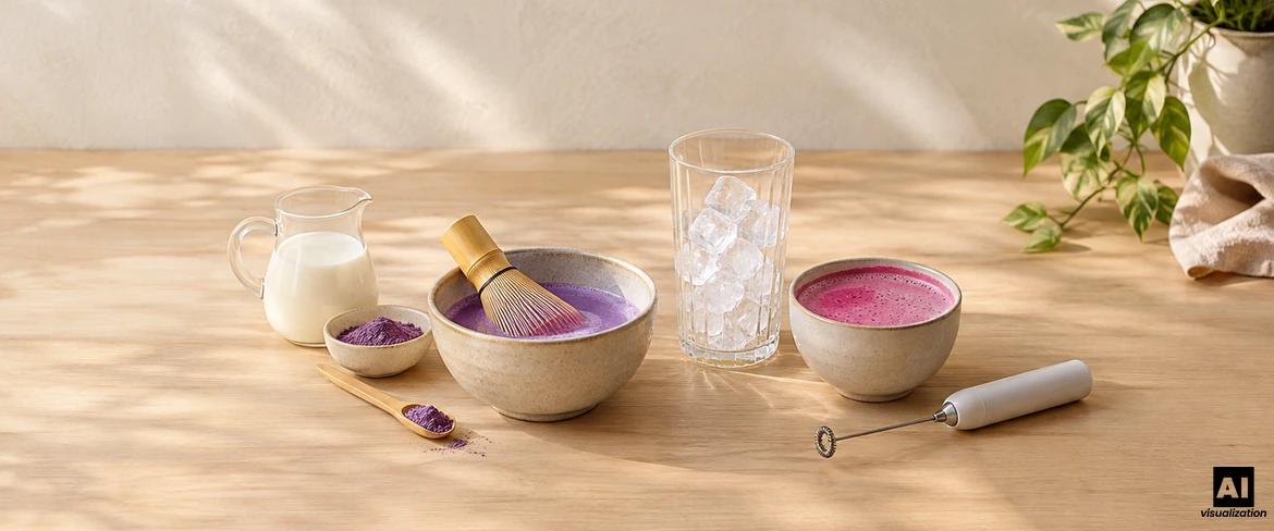 Pregătirea unui matcha colorat: ube violet într-un bol cu un bătător chasen, o băutură roz, lapte, gheață și un spumator electric de lapte.